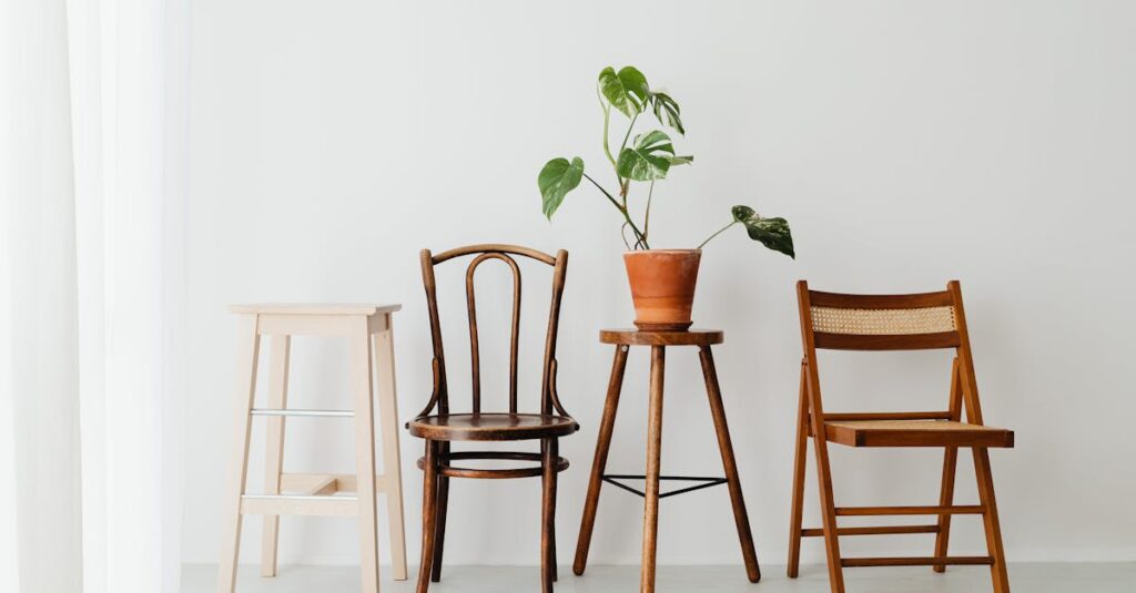 pexels-photo-7193571-7193571 Minimalist interior with wooden chairs and a potted swiss cheese plant against a white wall.