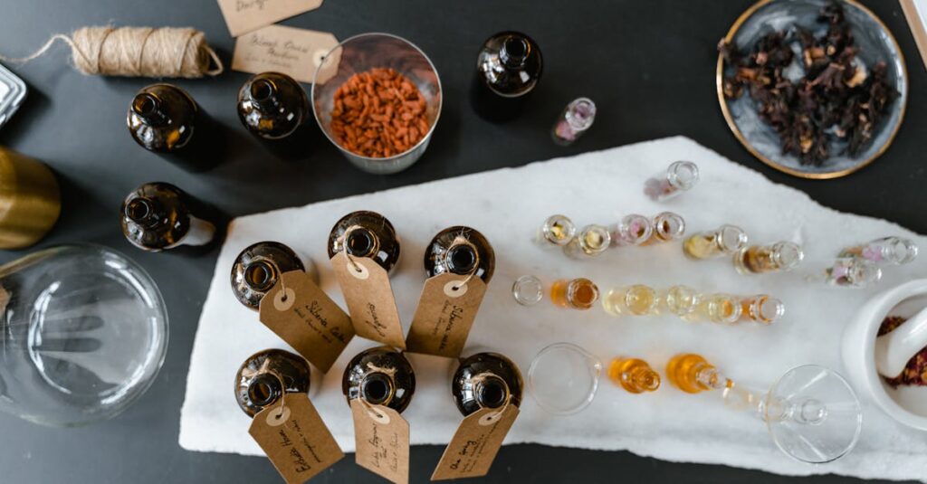 pexels-photo-8450240-8450240 A collection of essential oils and natural ingredients on a marble surface for aromatherapy.
